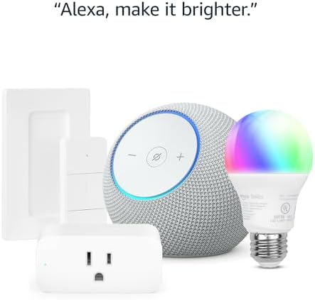 Smart home starter kit with an Amazon Echo speaker, color smart bulb, smart plug, and wireless switch