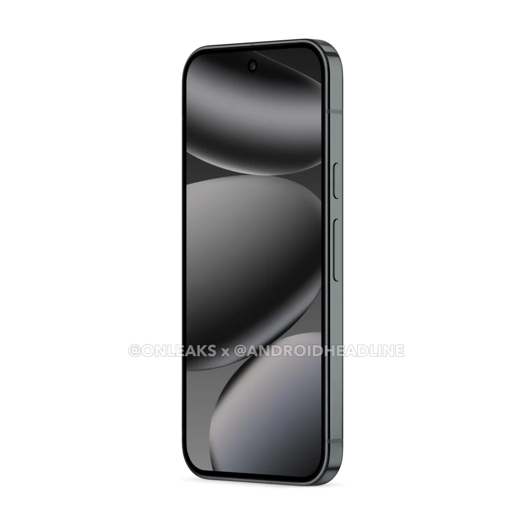 Google Pixel 10 Pro in black, angled side view showing the display and slim bezels