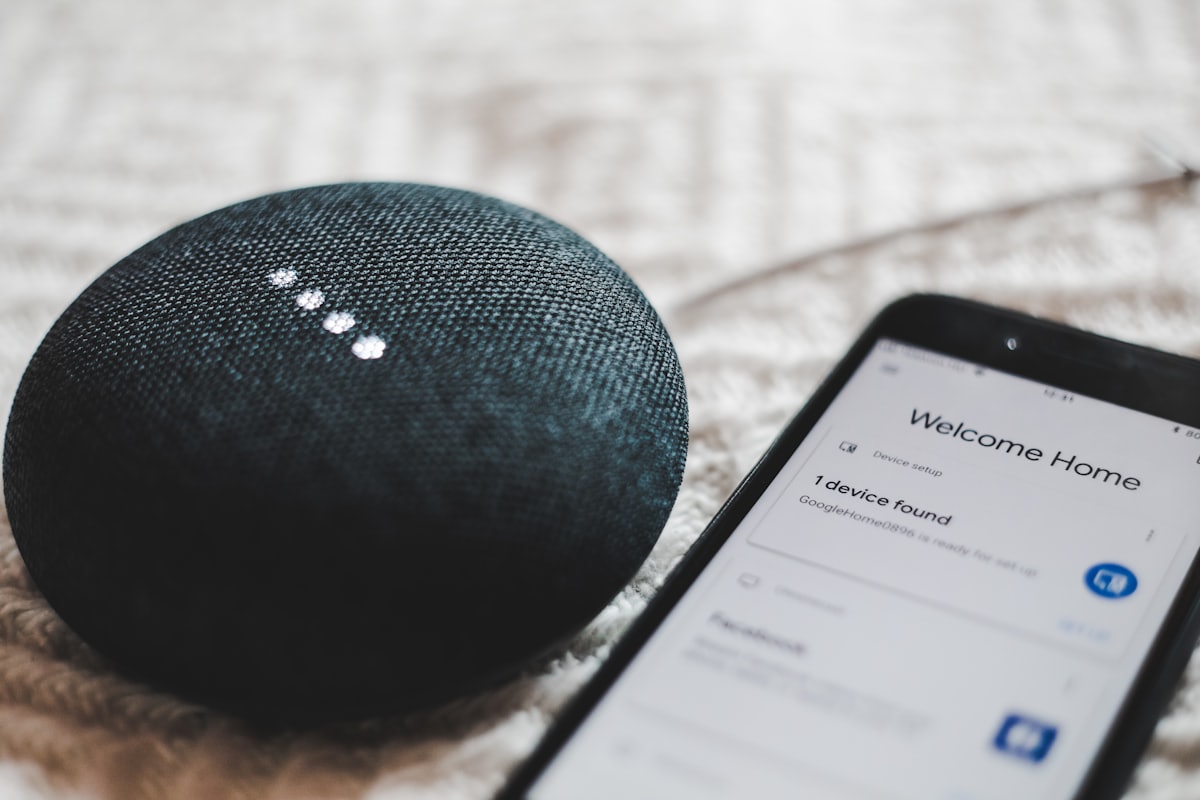 Smart home speaker and phone during device setup, the kind of 2.4GHz gear that crowds evening Wi-Fi