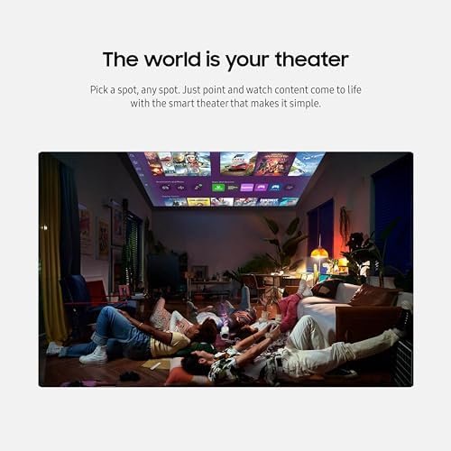 AI calibrating projector 2026 — portable projector displaying content on a living room ceiling