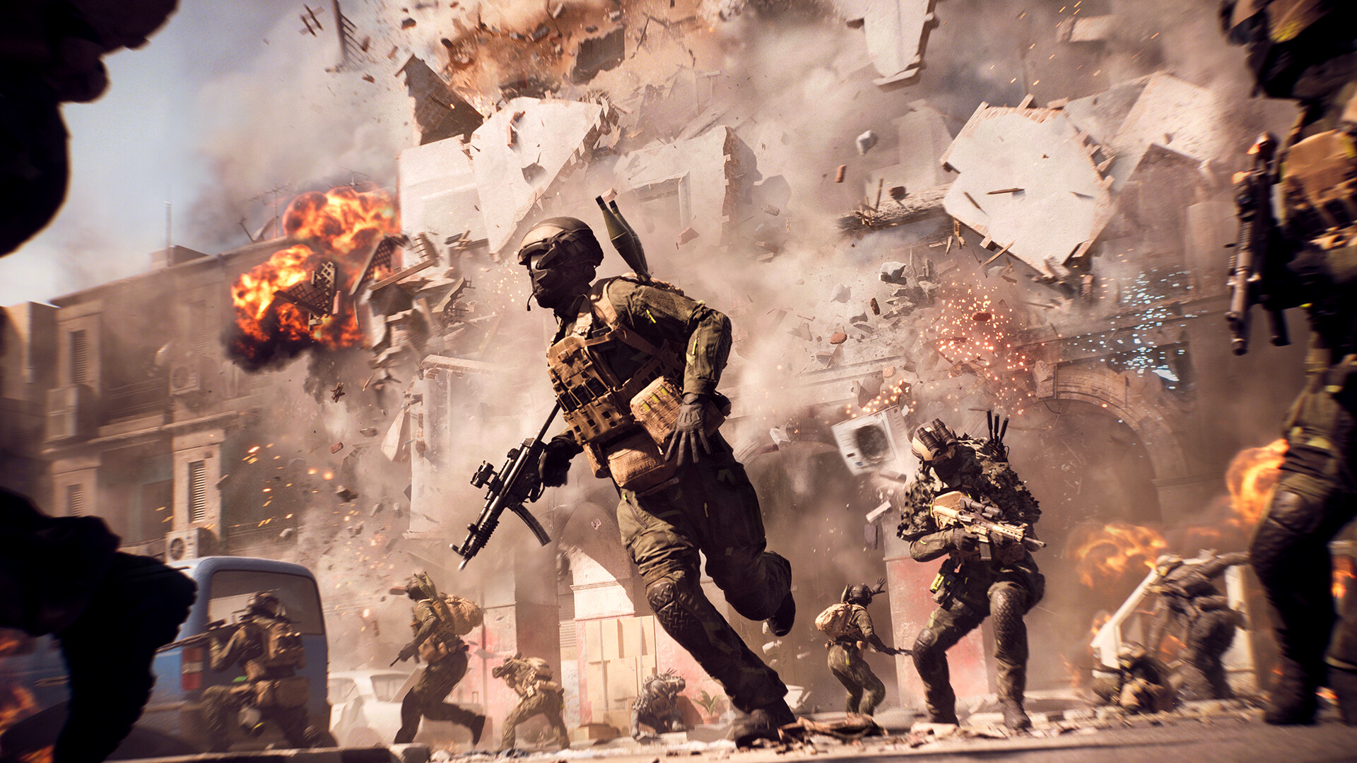 Battlefield 6 soldier sprinting through a collapsing building during an explosion, official Steam screenshot