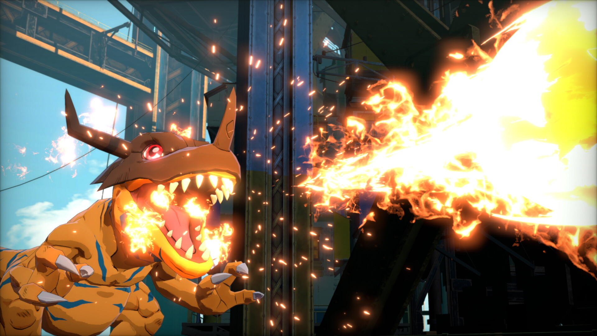Digimon Story: Time Stranger gameplay screenshot showing Greymon breathing fire in battle