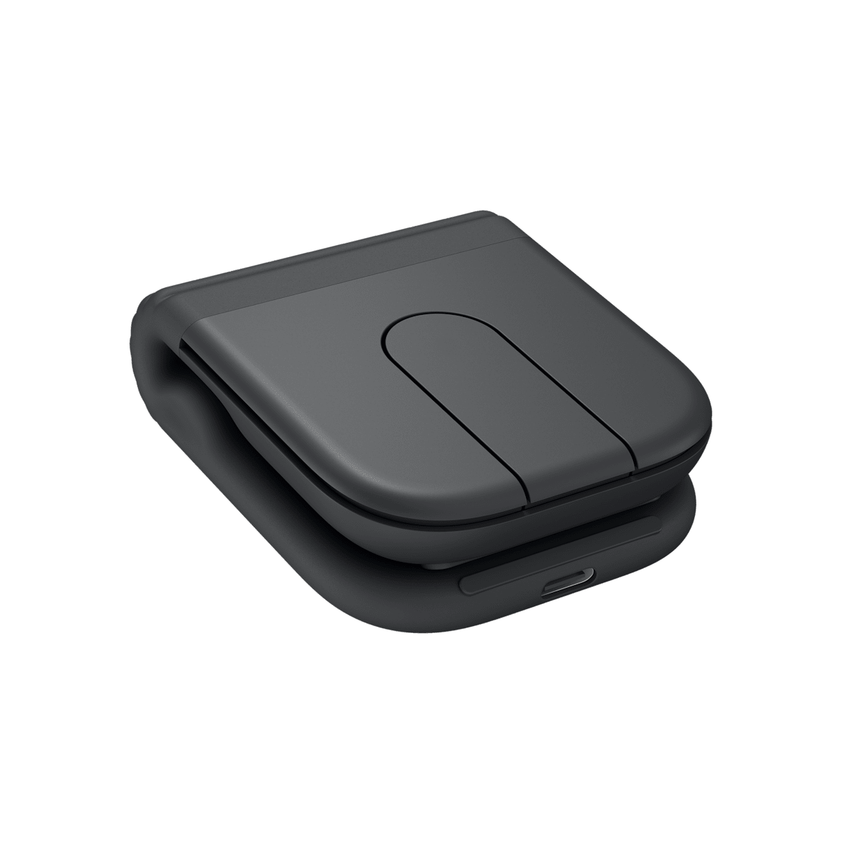 Logitech Mobi Fold folded flat to its ultra-portable travel size, showing the USB-C charging port