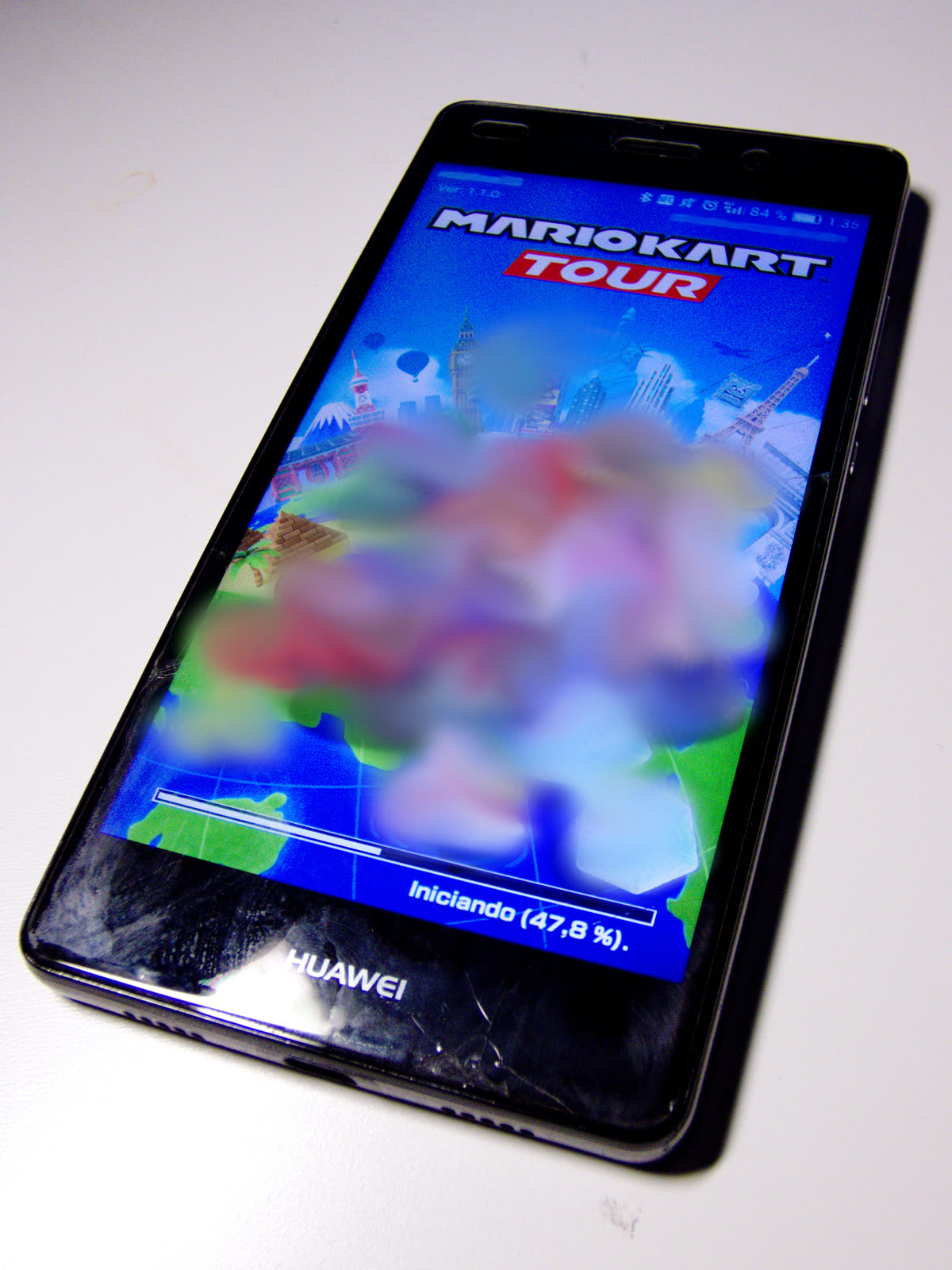 Mario Kart Tour loading screen displayed on a Huawei smartphone, confirming the mobile game's real-world interface before its shutdown
