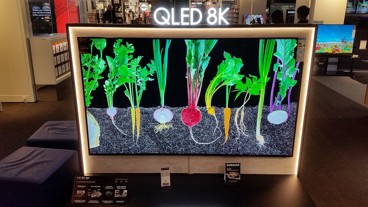 Samsung QLED TV showing a vivid image in a store