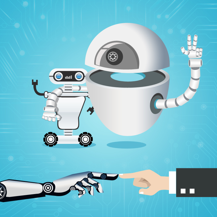 Illustration of AI robots and human hand interaction representing artificial intelligence assistants