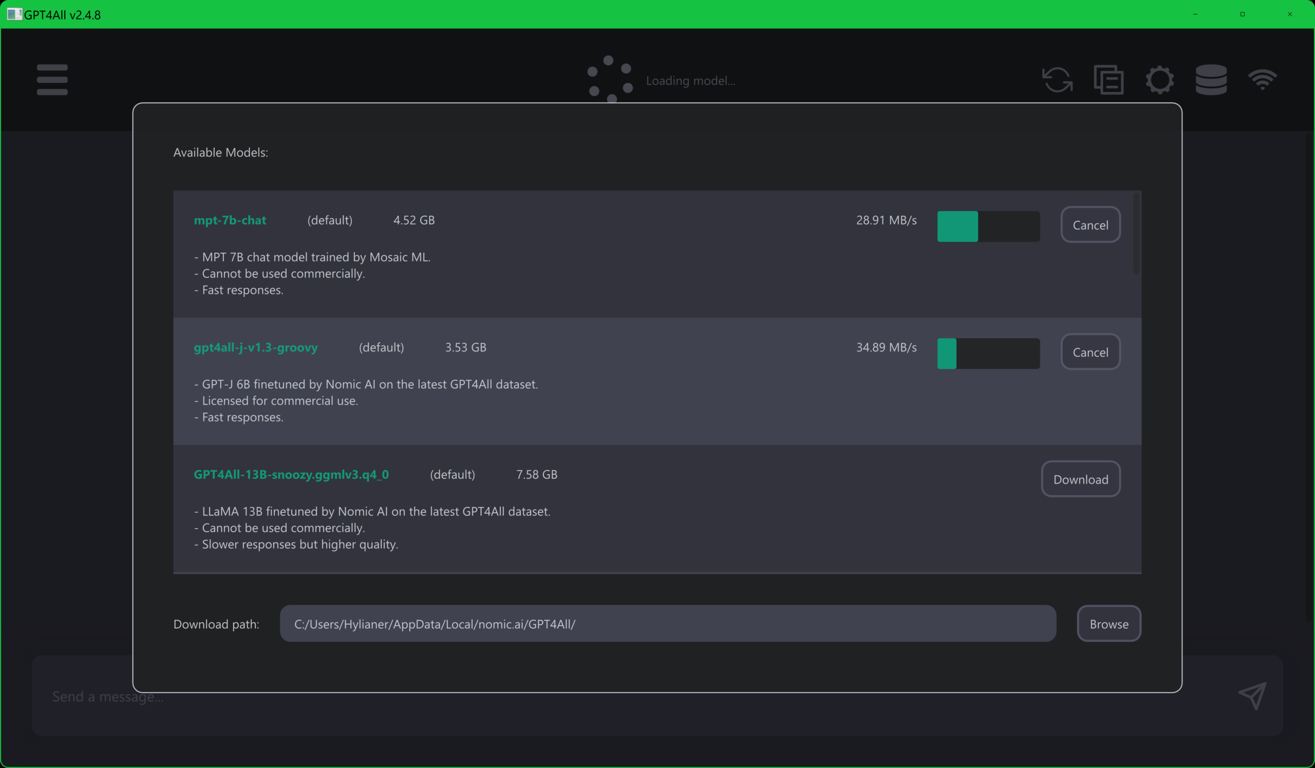 Screenshot of GPT4All v2.4.8 AI chatbot interface showing available language models including MPT-7b-chat and gpt4all-j