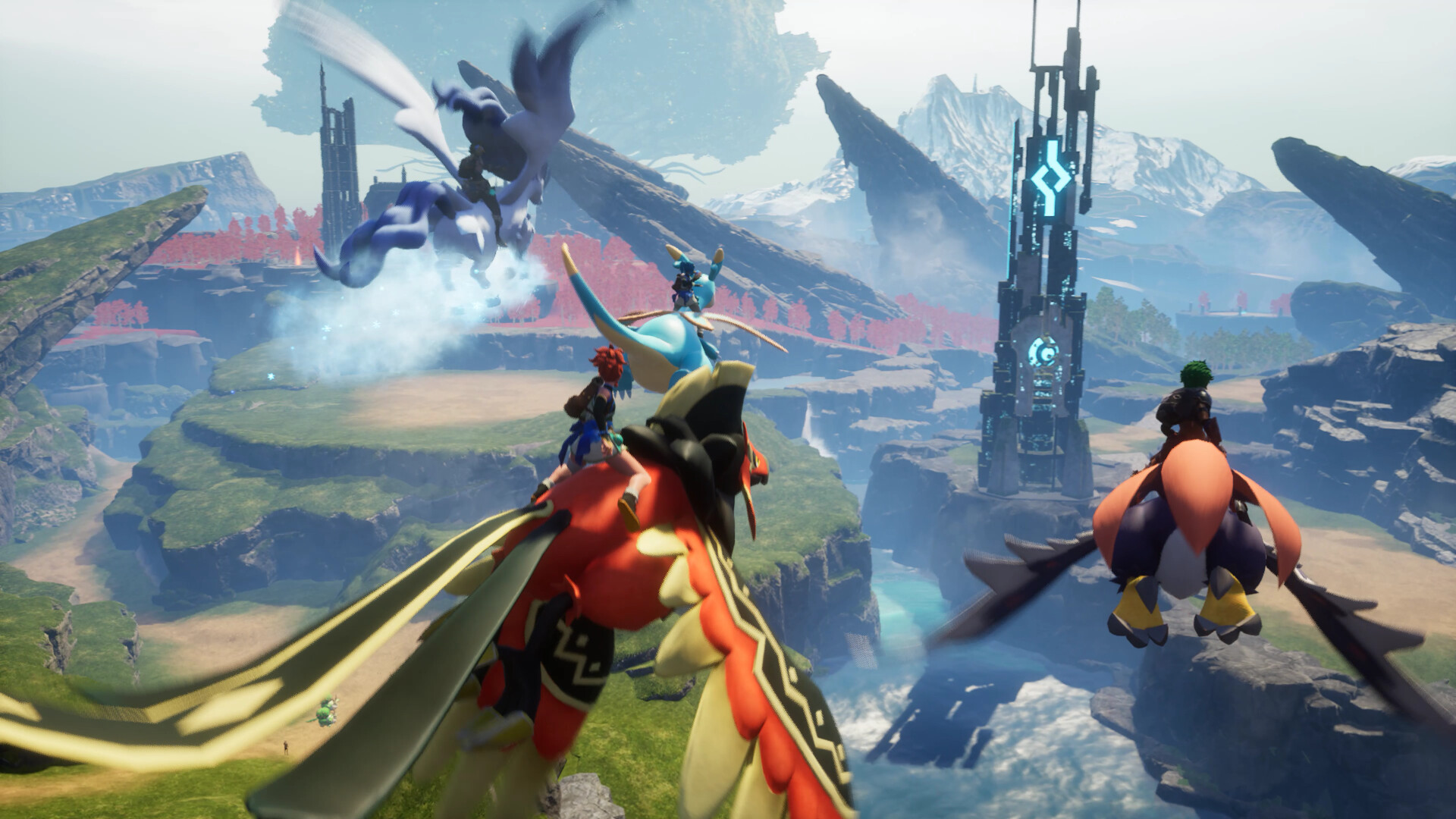 Palworld 1.0 gameplay - players gliding on flying Pals over the open world toward a tower