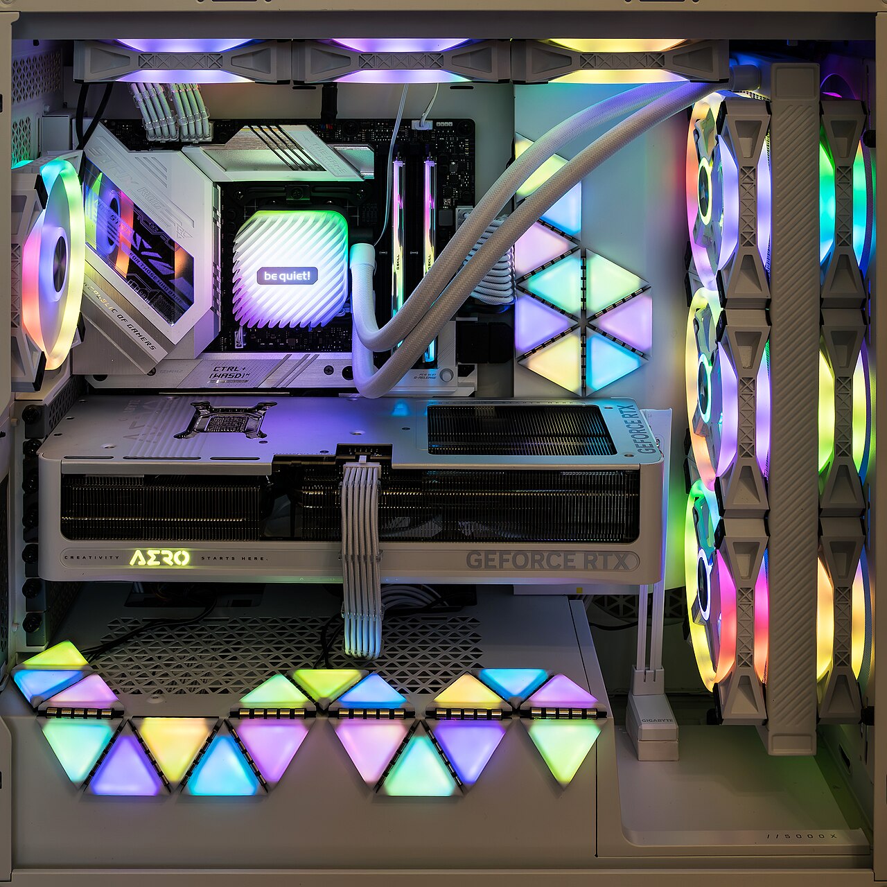 Gaming PC interior with an RGB-lit GeForce RTX graphics card