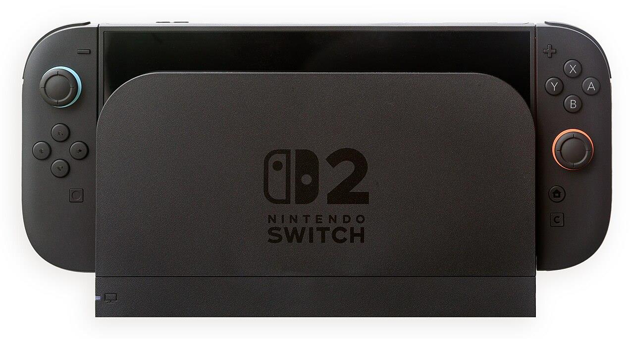 Nintendo Switch 2 console docked, showing the Nintendo Switch 2 logo on the dock