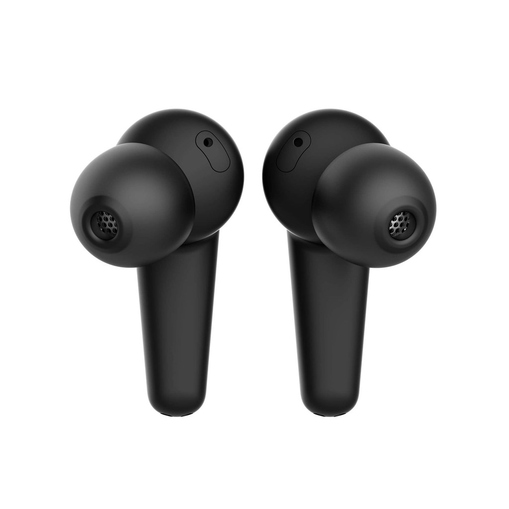 Close-up of a pair of black wireless earbuds