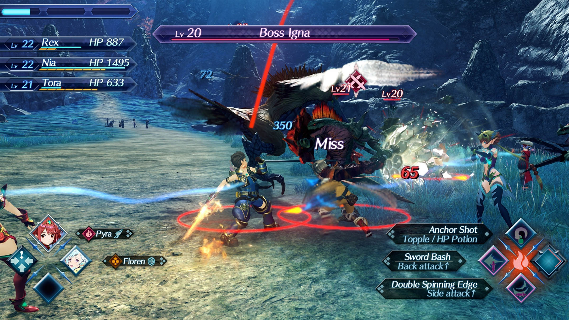 xenoblade chronicles 2 switch 2 edition — party battle screenshot with Rex, Nia, Tora and Pyra