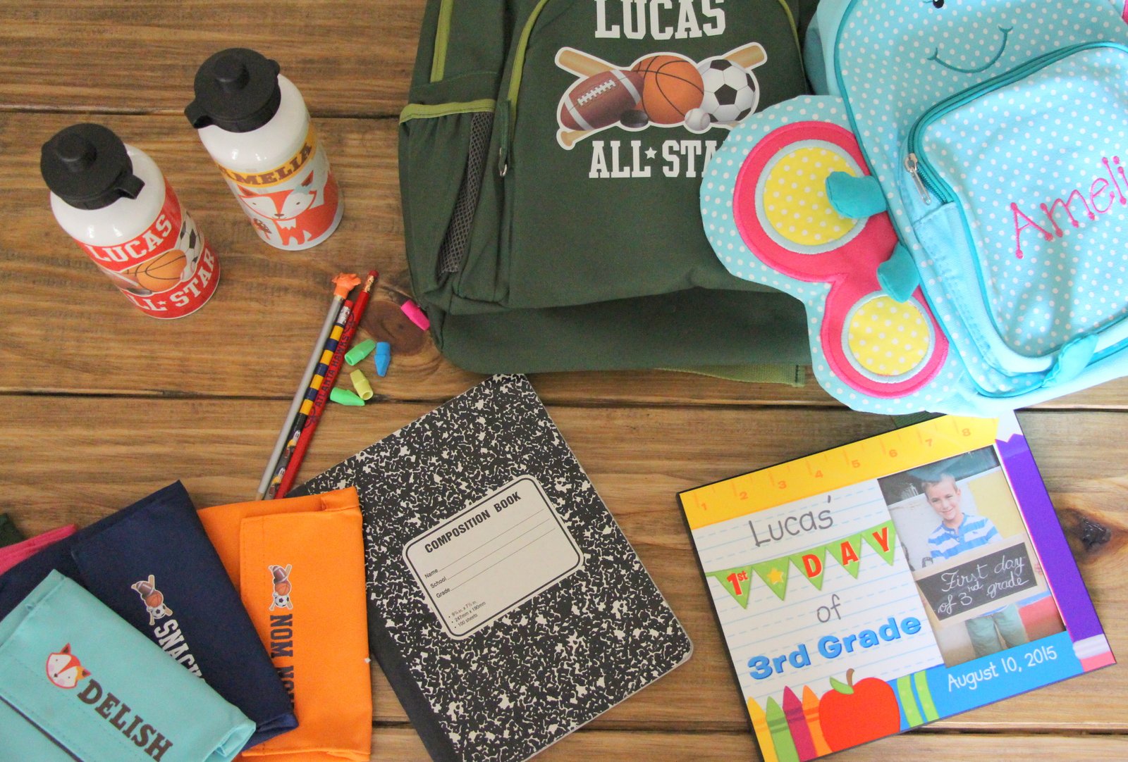 Backpack, notebook, and school supplies laid out flat, back-to-school theme