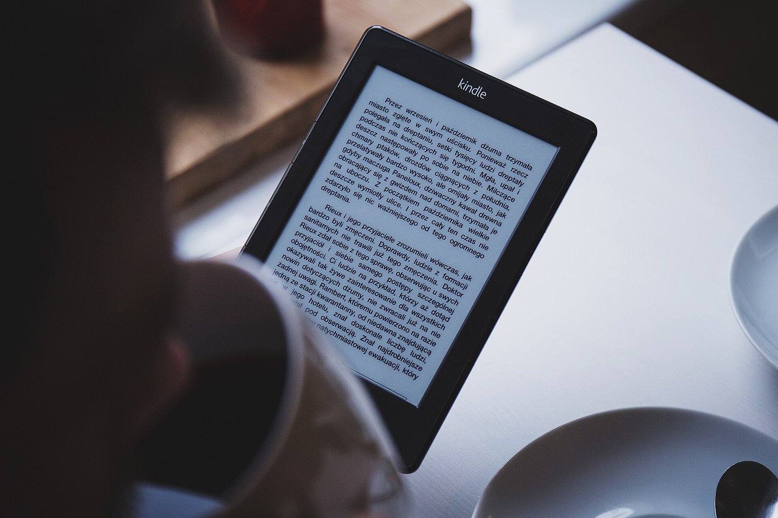 Person reading on an E Ink e-reader at a table — everyday reading use case for E Ink tablets