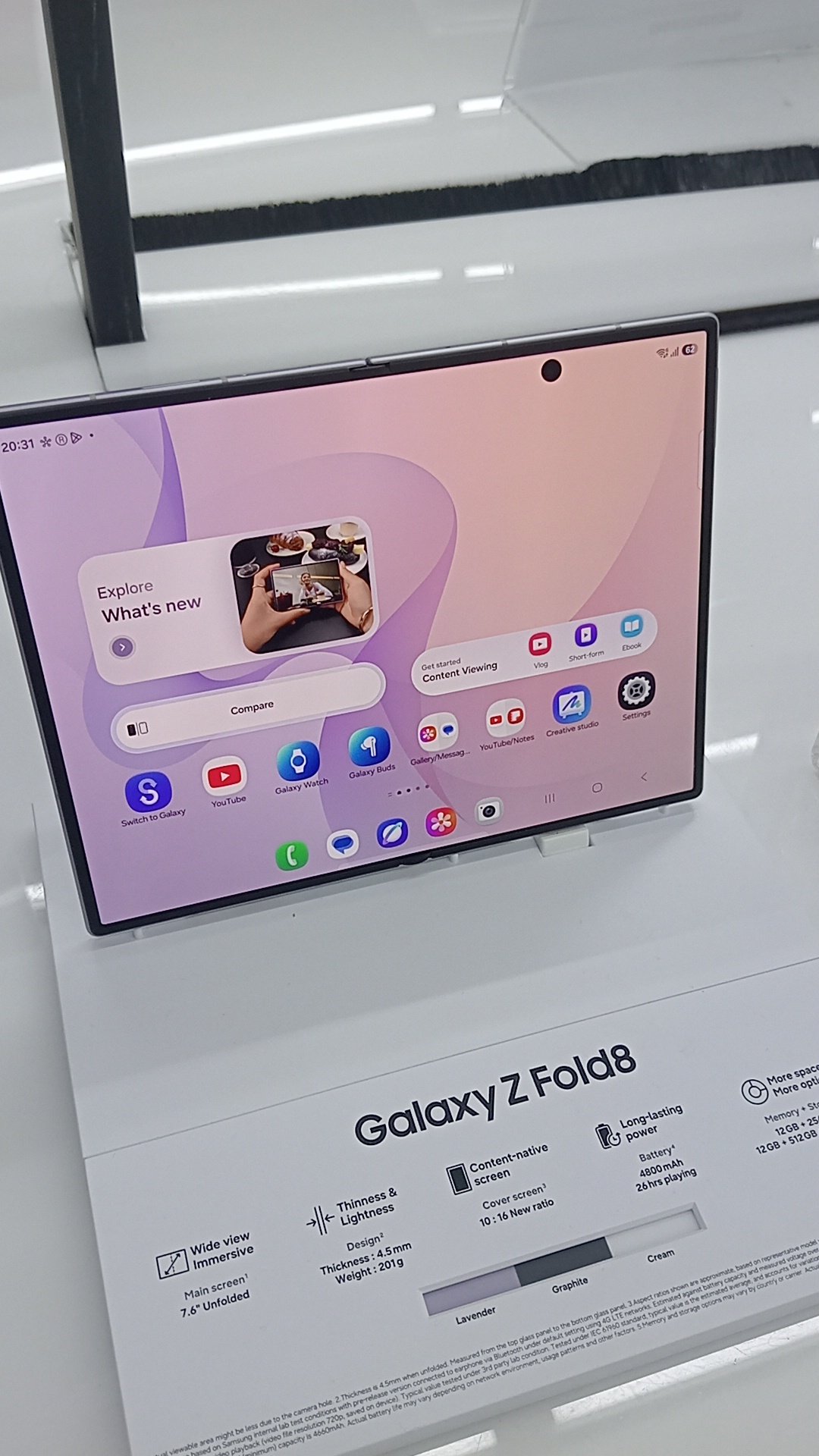 galaxy z fold8 vs fold8 ultra 2026 -- Galaxy Z Fold8 unfolded showing display specs plate