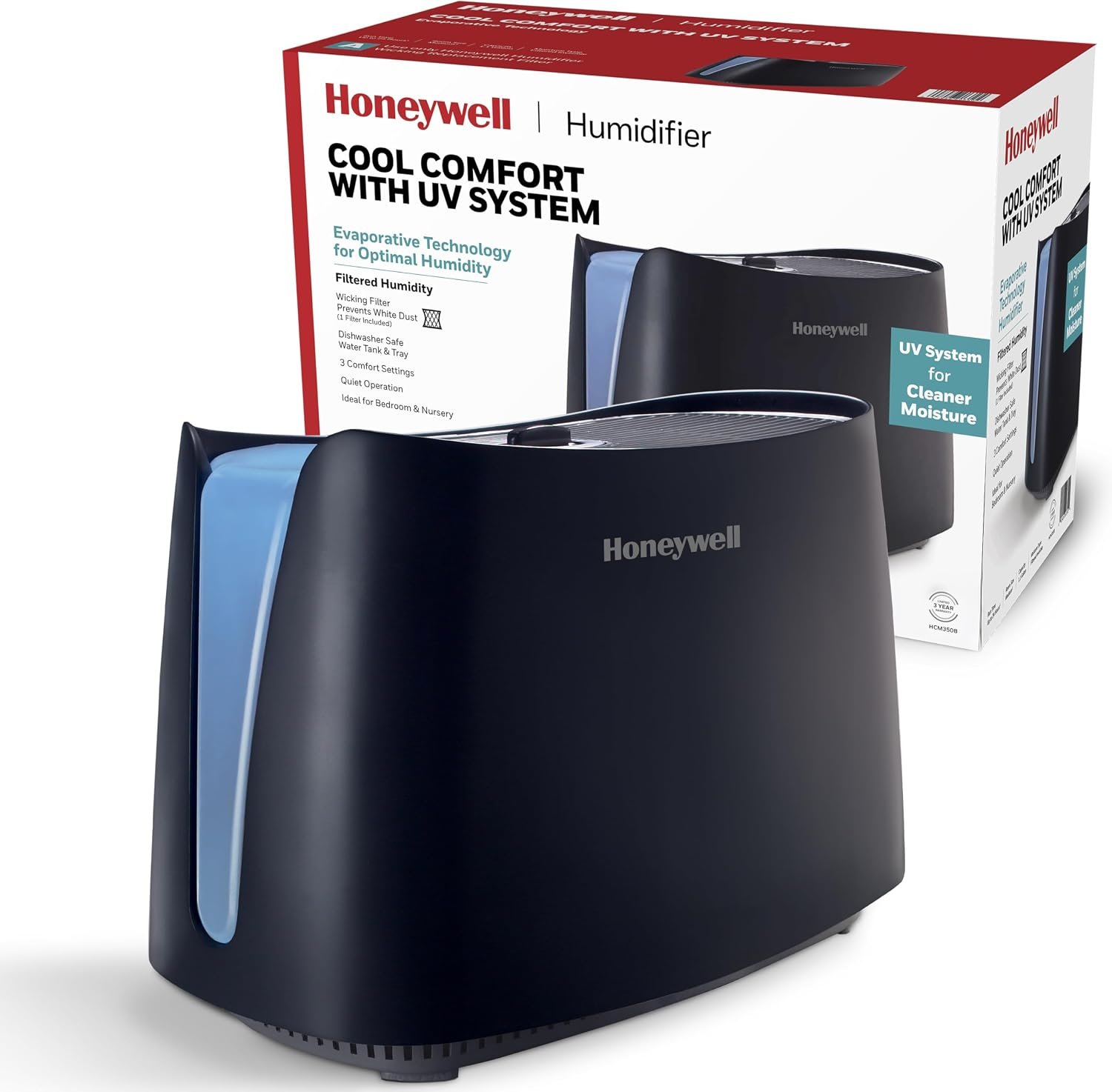 Honeywell HCM350 evaporative console humidifier with UV system, packaging and unit shown