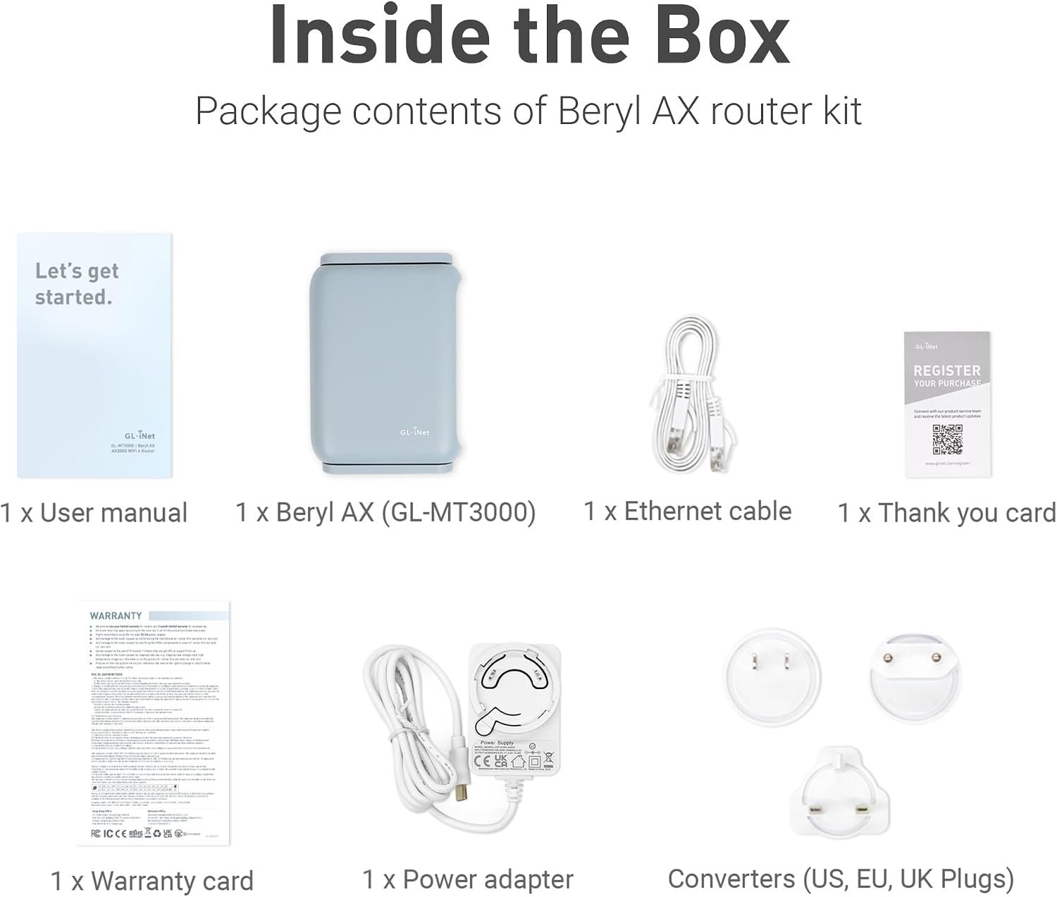 GL.iNet Beryl AX travel router box contents including router, cables, and power adapter