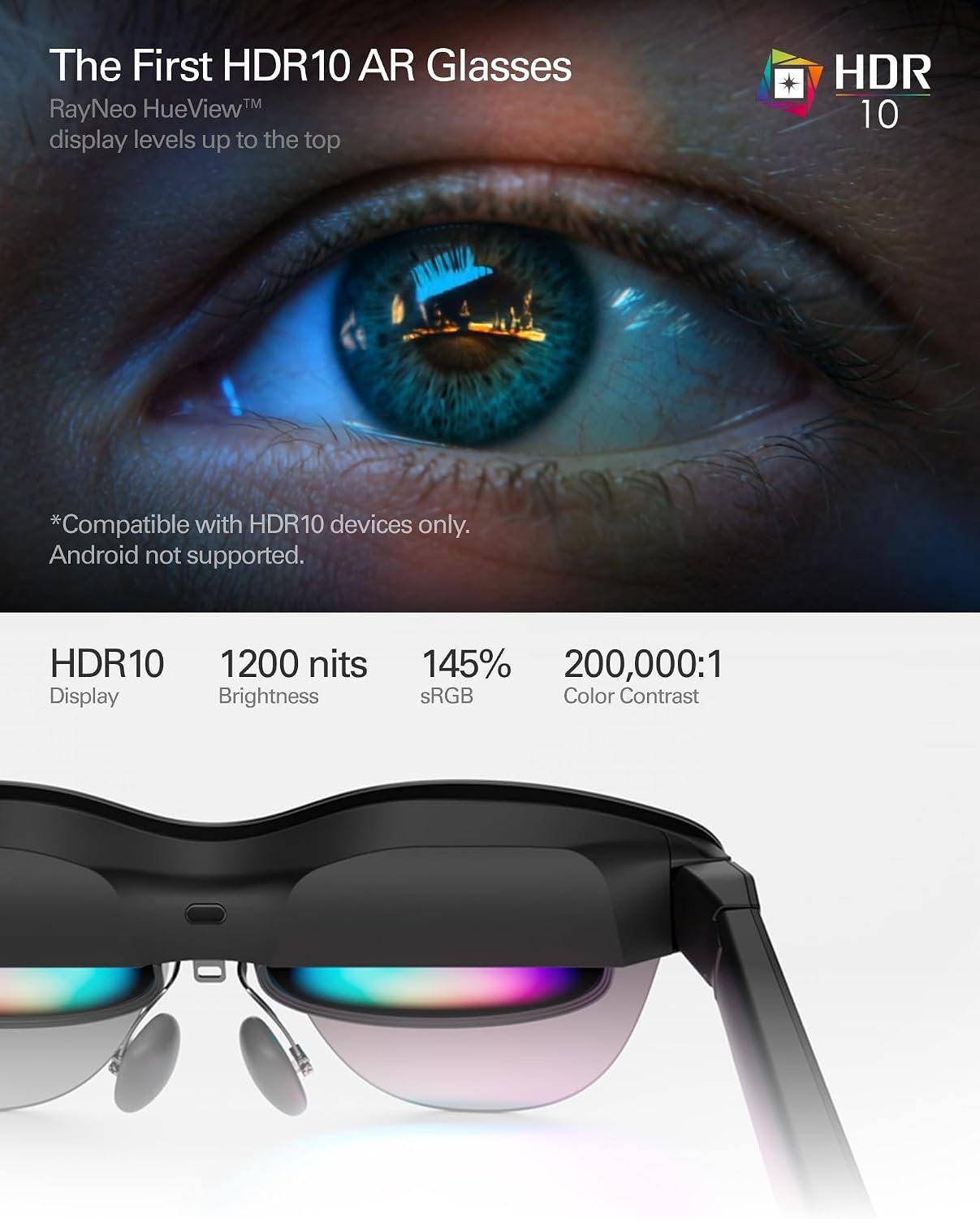 RayNeo Air 4 Pro AR glasses worn, showing the 201-inch virtual display design