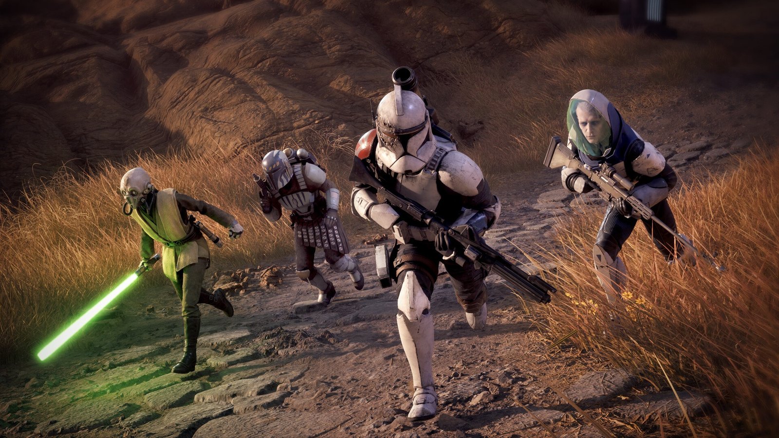 star wars zero company everything we know 2026 -- squad combat screenshot with Jedi, clone trooper, and Mandalorian