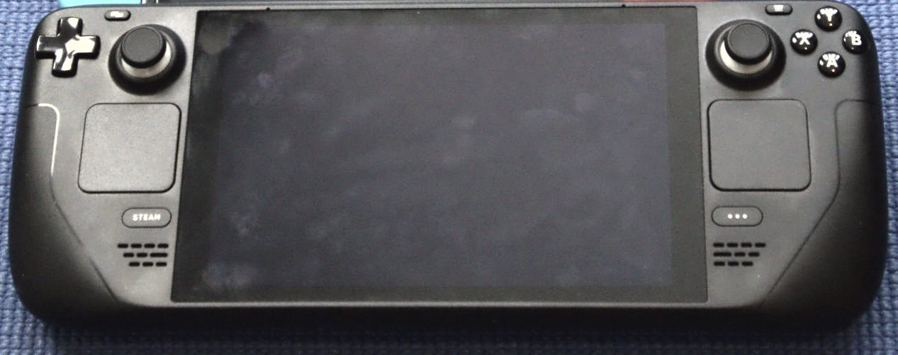 Steam Deck handheld PC gaming device with visible STEAM branding